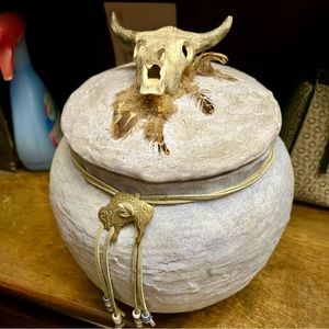 Original Art Handcrafted Southwest Container Decorated w/ Skull, Leather & Bead